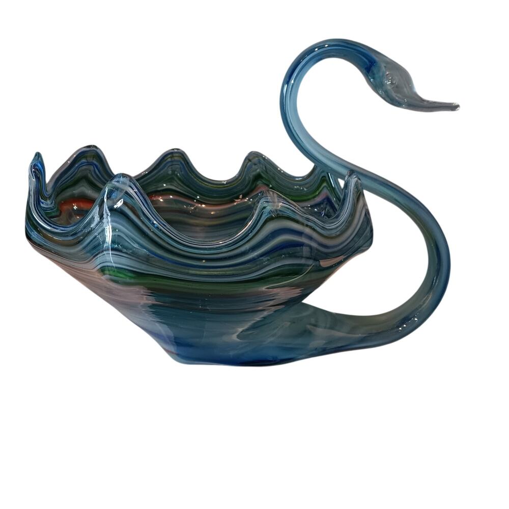 EUC Vintage Blown Multicolor Swirl Tubular Neck Glass Swan Bowl/Candy Dish - Picture 2 of 3